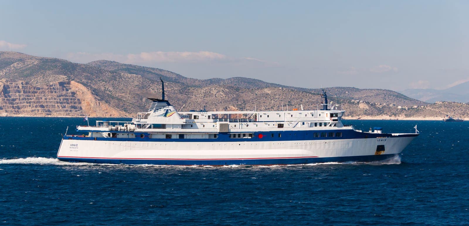 A Greek inter-island ferry under way off the coast near Piraeus